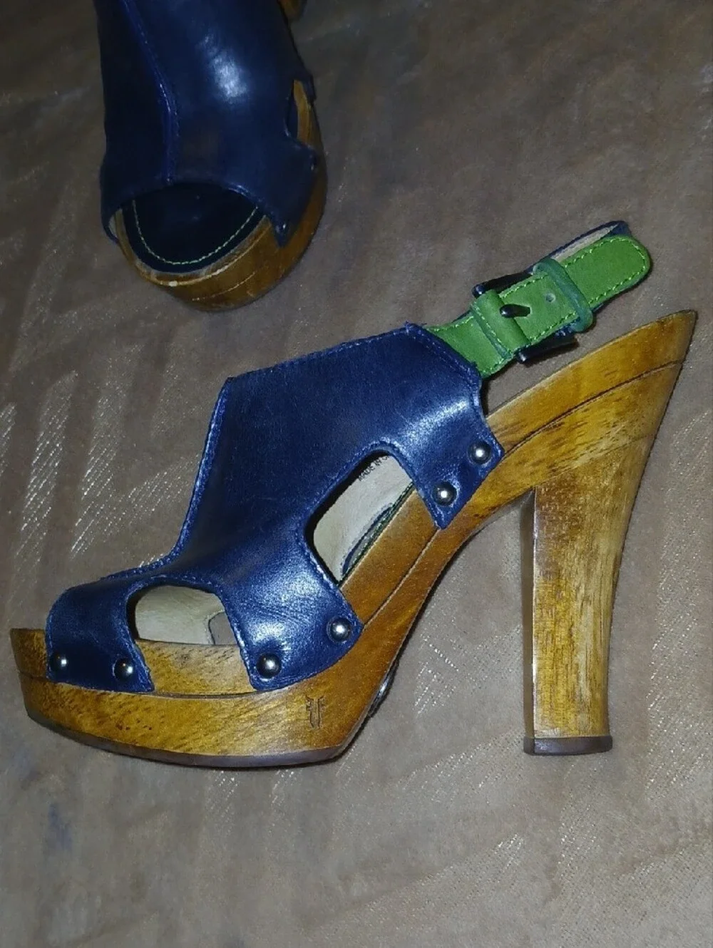 Frye Womens Dara Slingback Black And Green Leather Wooden Heels   Sz: 8.5